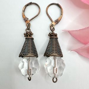 Vintage Art Deco Style Bronze Tone Faceted Glass Drop Leverback Earrings Bell
